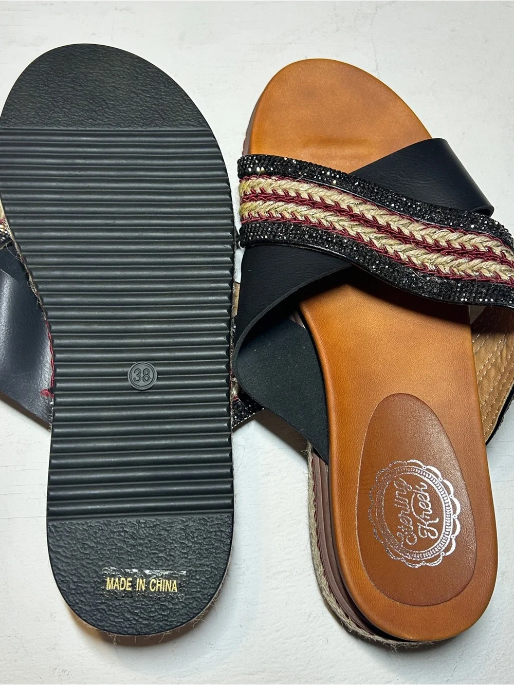 Sterling Kreek Women’s Size 38 Black Embellished Espadrille Slide Sandals